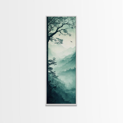 Misty Forest Panorama Framed Canvas Print Southwest Wall Art Vertical Nature Scene Above Couch Art Smoky Mountain Landscape