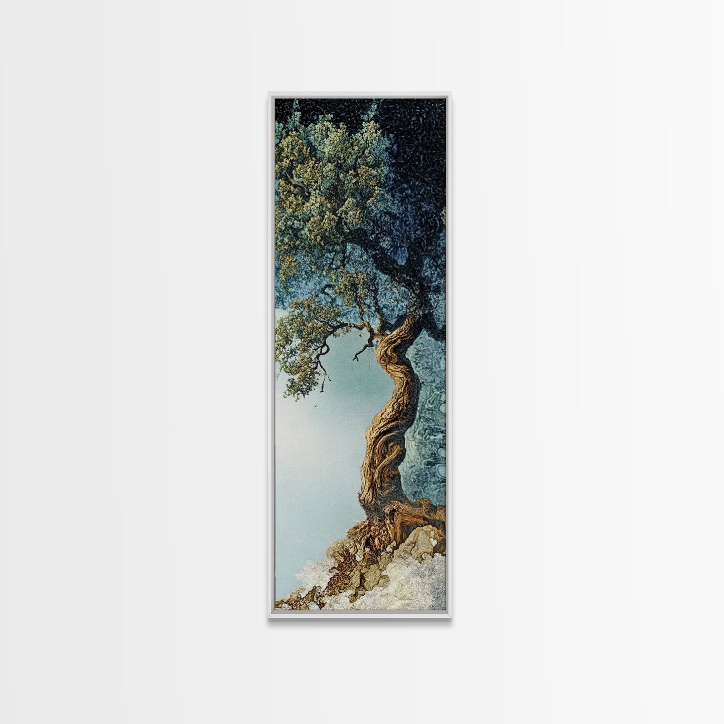 Detailed Oak Tree Framed Canvas Print in Textured Earth Tones, Tall Narrow Wall Art for Living Room or Bedroom Rustic Decor