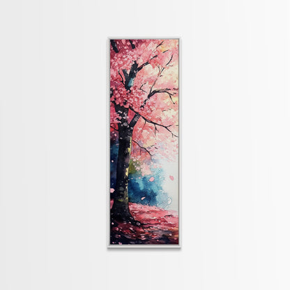 Cherry Blossom Tree Framed Canvas Print, Moody Pink Wall Art, Japanese Botanical Artwork, Vertical Minimalist Decor, Gift Idea