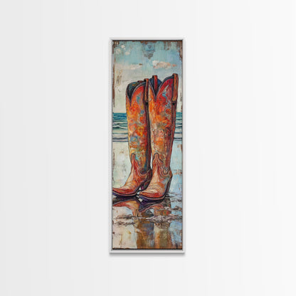 Rustic Cowboy Boots Canvas Print, Coastal Cowgirl Wall Art, Farmhouse Rustic Decor, Western Style Vertical Skinny Artwork