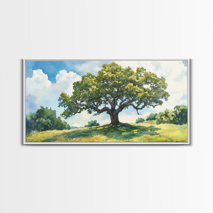 Sprawling Oak Tree Canvas Print Rustic Wall Art Panoramic Painting Nature Scene Bedroom Decor Horizontal Artwork Farmhouse Wall Art