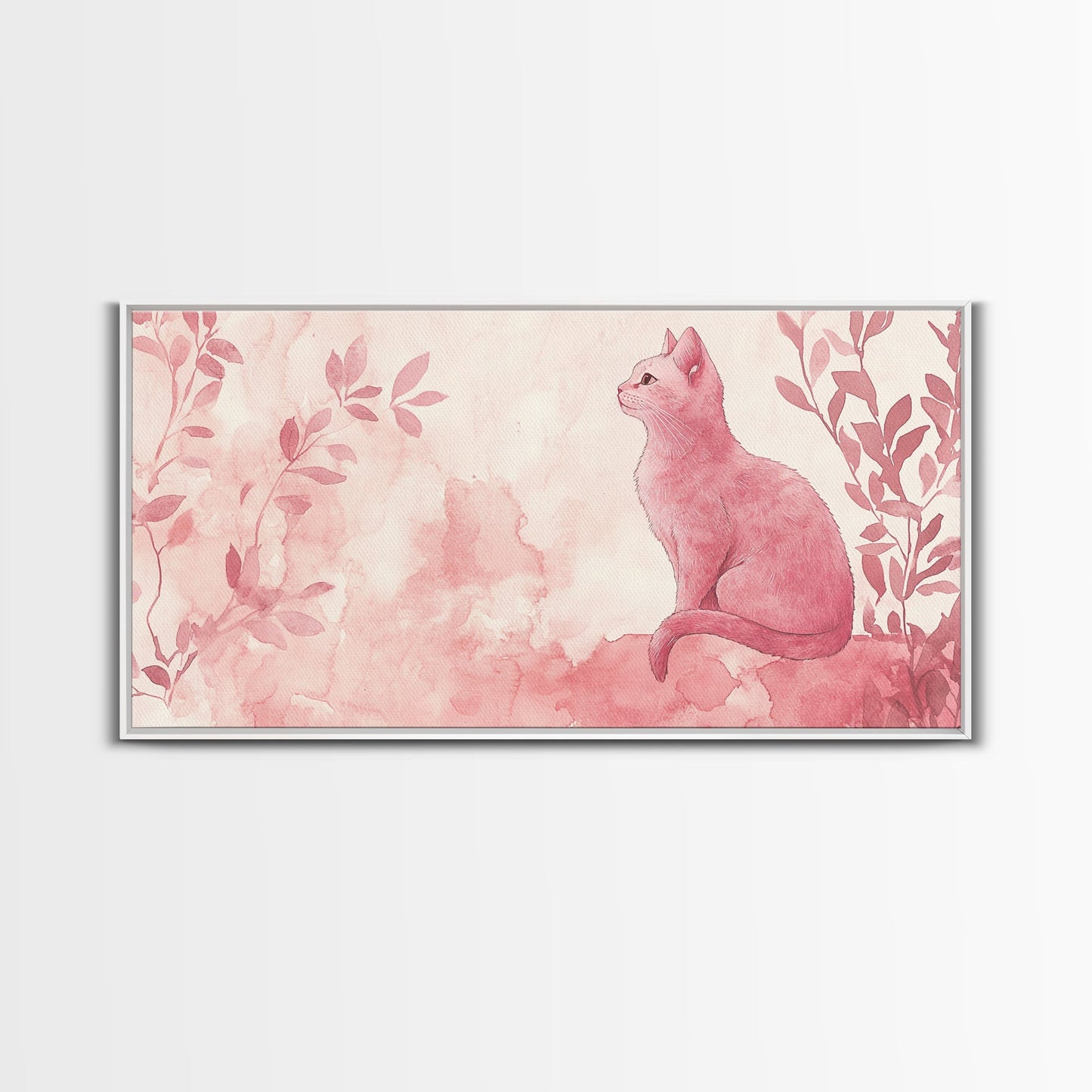 Whimsical Pink Cat Canvas Print Featuring Pink Wall Art Minimalist Art Botanical Prints Light Pink Wall Art Farmhouse Rustic Decor