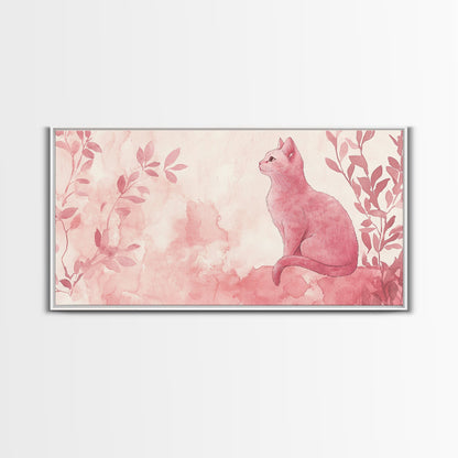 Whimsical Pink Cat Canvas Print Featuring Pink Wall Art Minimalist Art Botanical Prints Light Pink Wall Art Farmhouse Rustic Decor