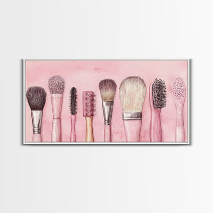 Makeup Brush Art Framed Canvas Print, Light Pink Chinoiserie Wall Art Whimsical Decor, Minimalist Art Rustic Wall Gift Idea