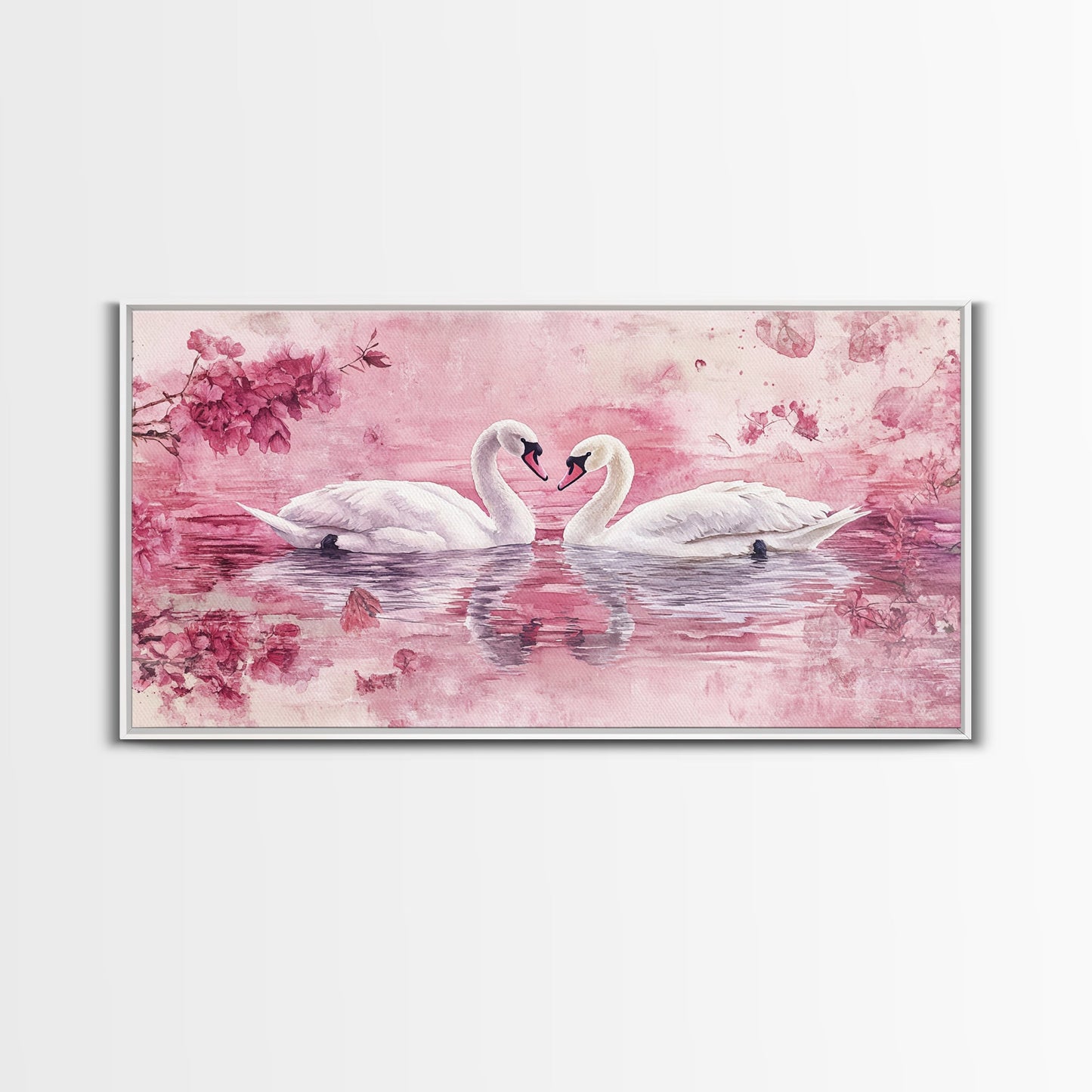 Swan Reflection Watercolor Framed Canvas Print, Romantic Wildlife Art, Cherry Blossom Wall Art, Rustic Farmhouse Decor, Bedroom Art