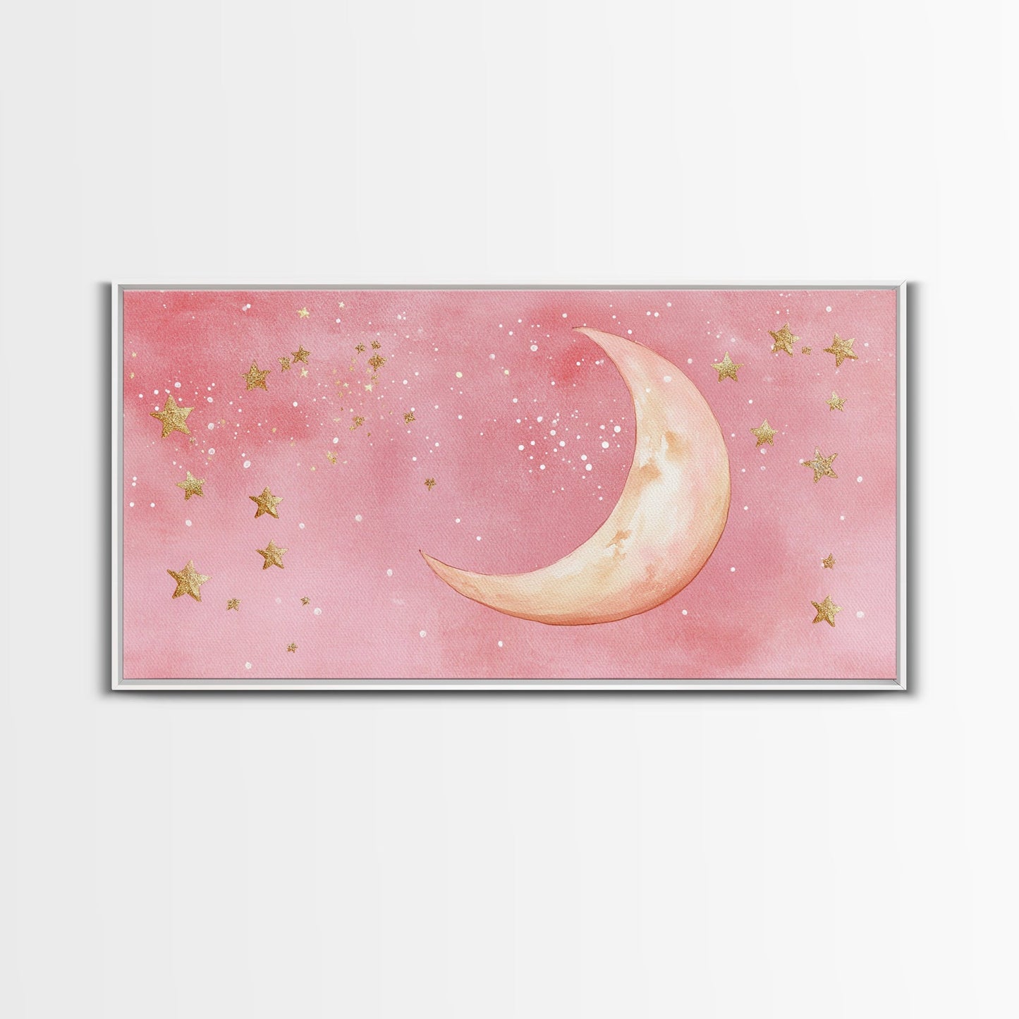 Golden Crescent Moon Canvas Print, Light Pink Wall Art, Whimsical Celestial Art, Bedroom or Dorm Decor, Christmas Gift Idea