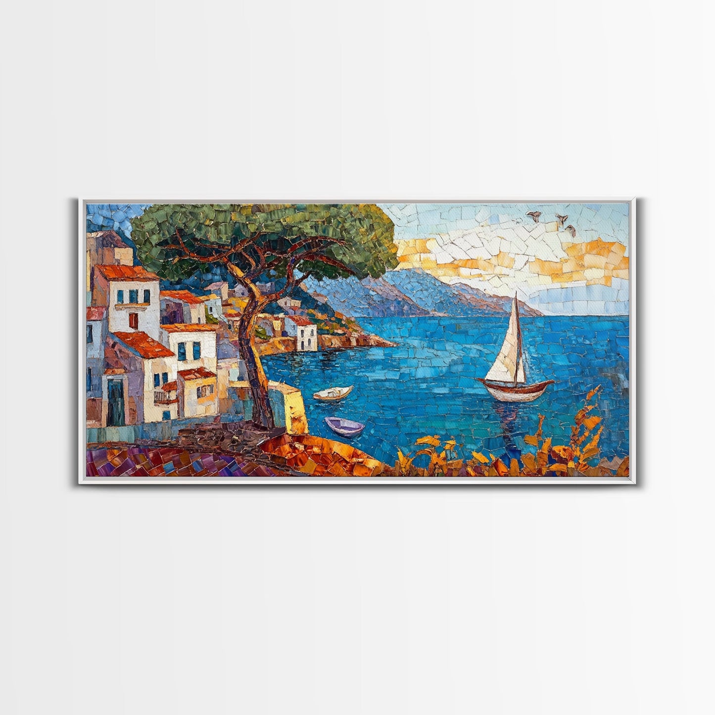 Coastal Sailboat Scene Mosaic Canvas Print - Nautical Decor Seascape Painting - Rustic Fall Wall Art Above Sofa Coastal Home Art