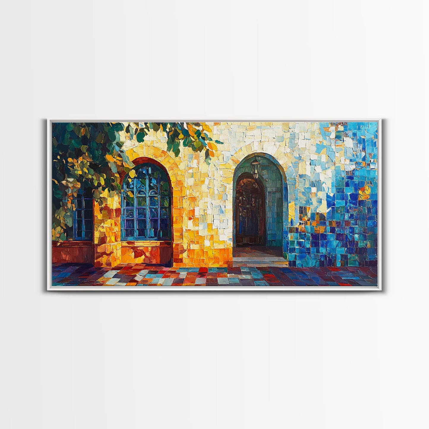 Sunlit Arched Window Framed Canvas Print - Rustic Moroccan Wall Art - Coastal Landscape Art - Farmhouse Decor Bedroom Art