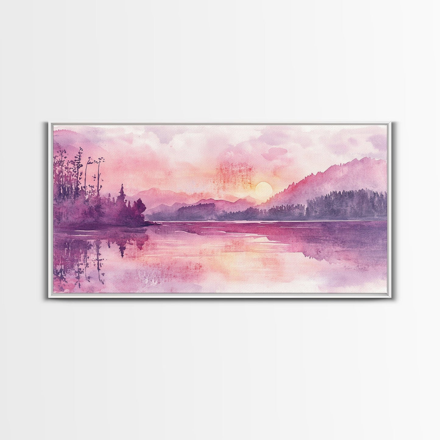 Sunset Landscape Art Framed Canvas Print Pink Orange Wall Art Living Room Art Panoramic Painting Above Couch Art Coastal Decor