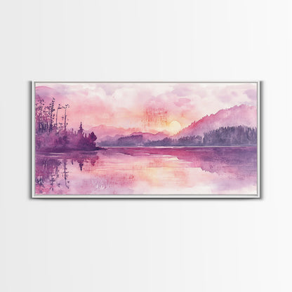 Sunset Landscape Art Framed Canvas Print Pink Orange Wall Art Living Room Art Panoramic Painting Above Couch Art Coastal Decor