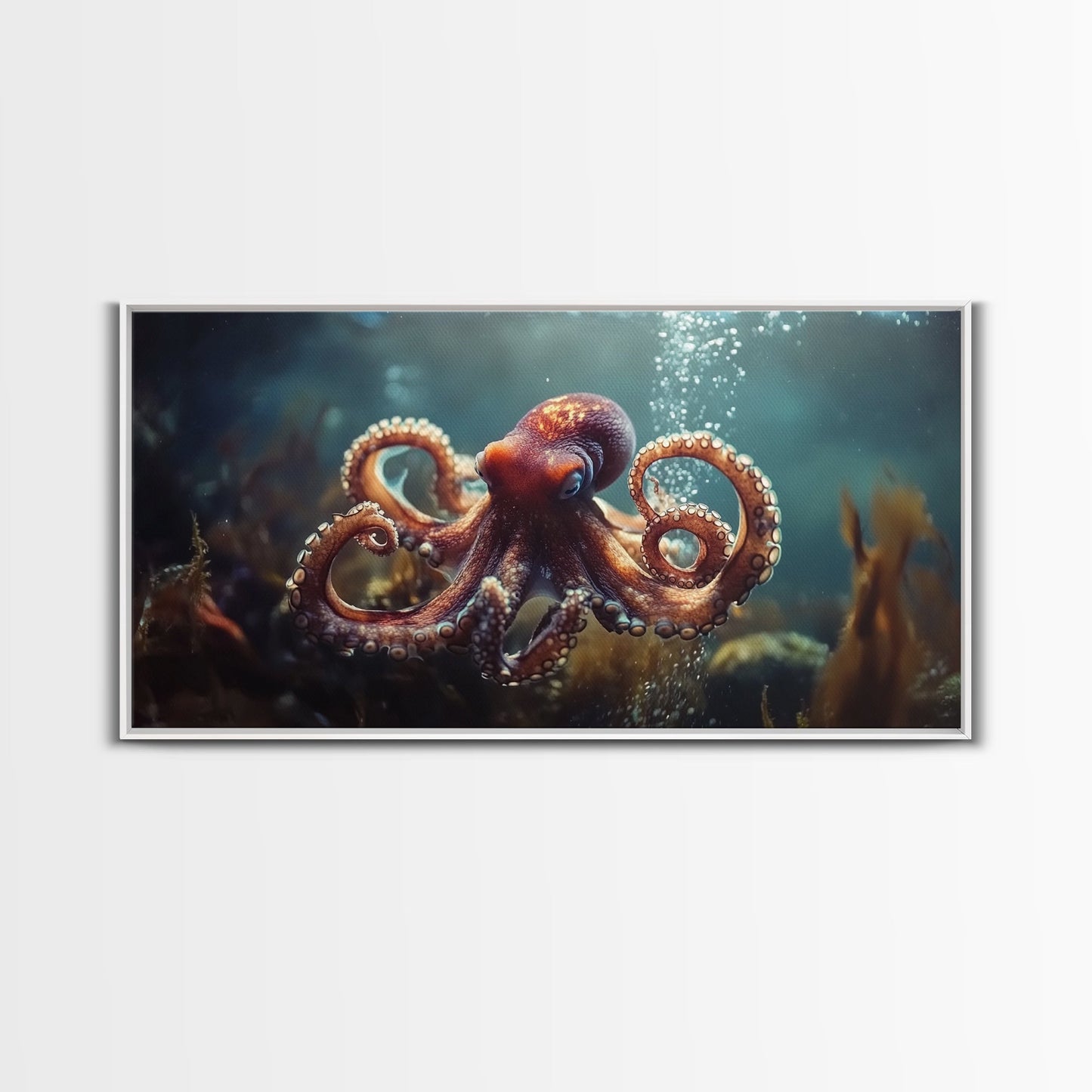 Vibrant Octopus Art Framed Canvas Print, Ocean Wildlife Wall Decor, Rustic Nautical Art, Marine Life Painting, Underwater Sea Art