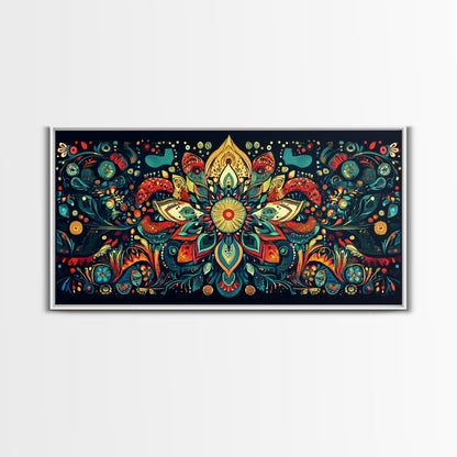 Elaborate Mandala Framed Canvas Print, Vibrant Boho Art, Spiritual Zen Wall Art, Geometric Ethereal Painting, Colorful Sacred Geometry