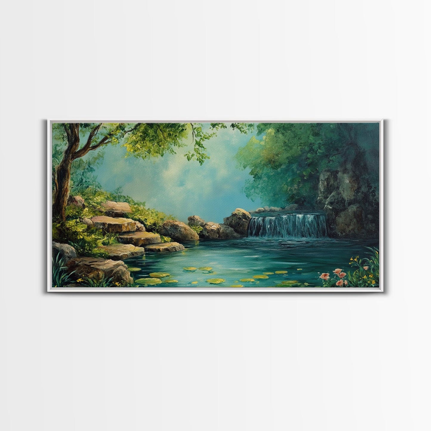 Ruhiges Wasserfall-Landschaftsbild, gerahmter Leinwanddruck, rustikale Wohnzimmerdekoration, friedliche Naturszene, Wandbild im Landhausstil