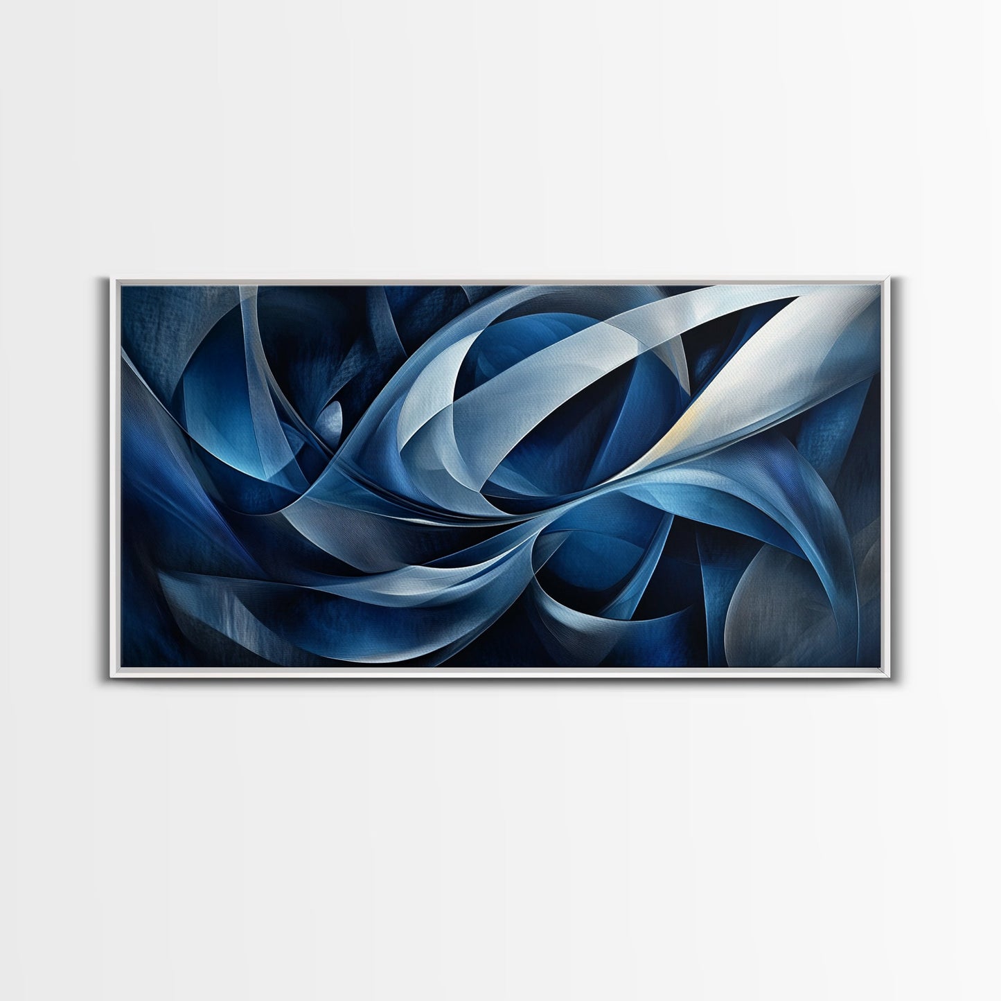 Abstract Blue Swirls Canvas Print, Geometric Wall Art Horizontal Decor, Moody Modern Artwork Gift Idea Living Room Panoramic Art