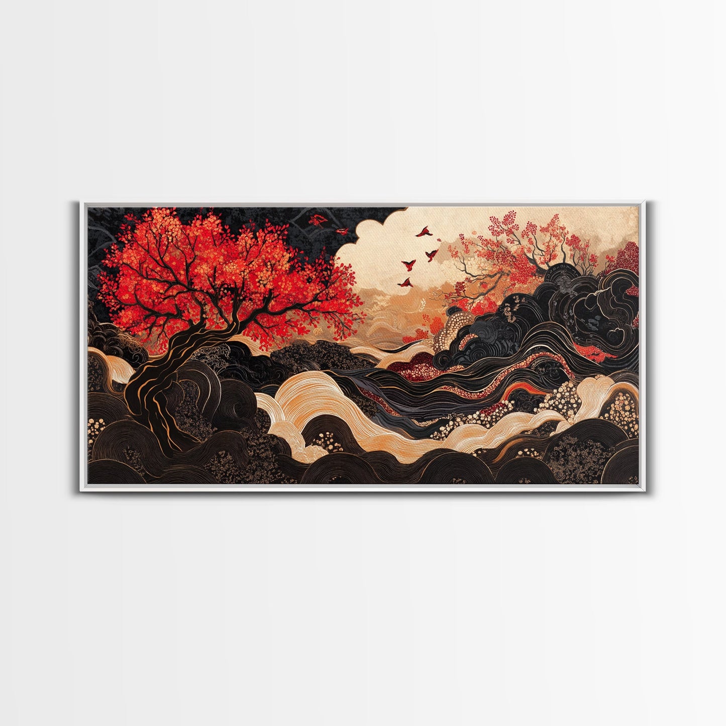 Japanese Inspired Framed Canvas Print Featuring Chinoiserie Wall Art and Autumn Tree Painting Unique Horizontal Living Room Art