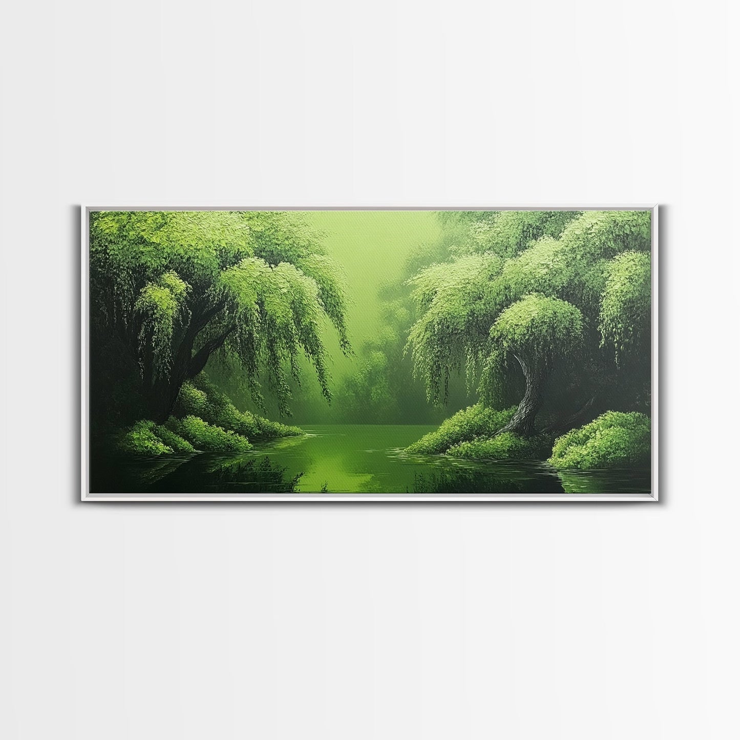 Willow Grove Framed Canvas Print, Tranquil Forest Landscape Wall Art, Sage Green Rustic Home Decor, Above Bed Nature Canvas Art
