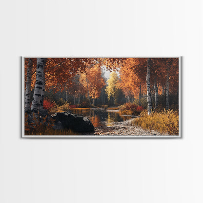 Autumn Birch Tranquility Framed Canvas Print with Birch Tree Painting and Fall Wall Art Rustic Art for Living Room Wall Decor