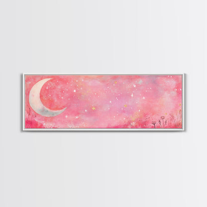 Crescent Moon Painting Canvas Print with Whimsical Starry Sky, Pink Wall Art for Living Room or Guest Room, Dreamy Decor
