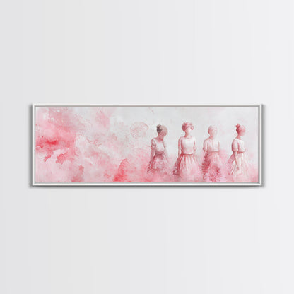 Four Women Canvas Print in Pink Abstract Art Style, Feminine Whimsical Aesthetic, Minimalist Living Room or Guest Room Horizontal Art