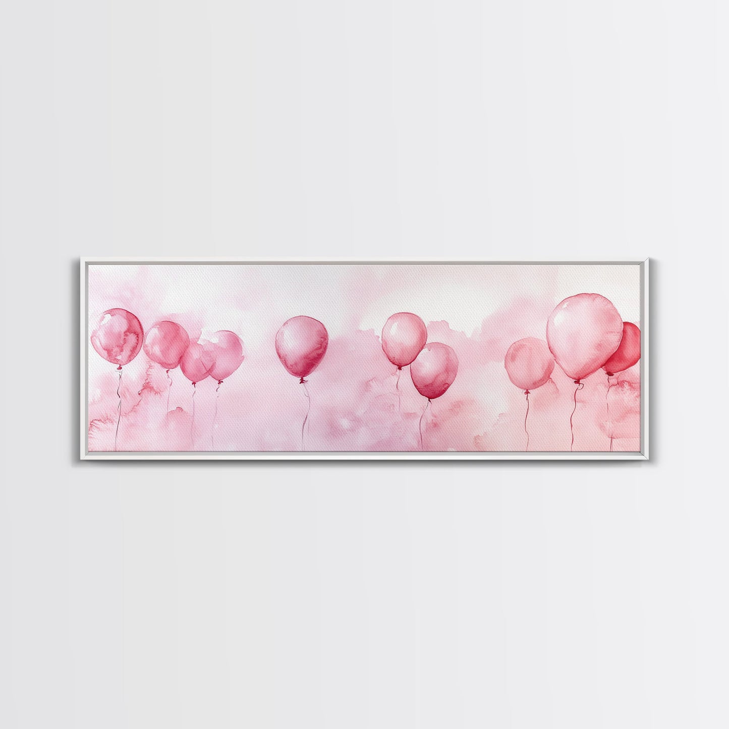 Balloon Painting Framed Canvas Print in Pastel Pink Hues, Whimsical Horizontal Artwork, Light Pink Wall Art for Living Room Decor