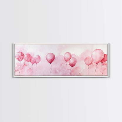 Balloon Painting Framed Canvas Print in Pastel Pink Hues, Whimsical Horizontal Artwork, Light Pink Wall Art for Living Room Decor