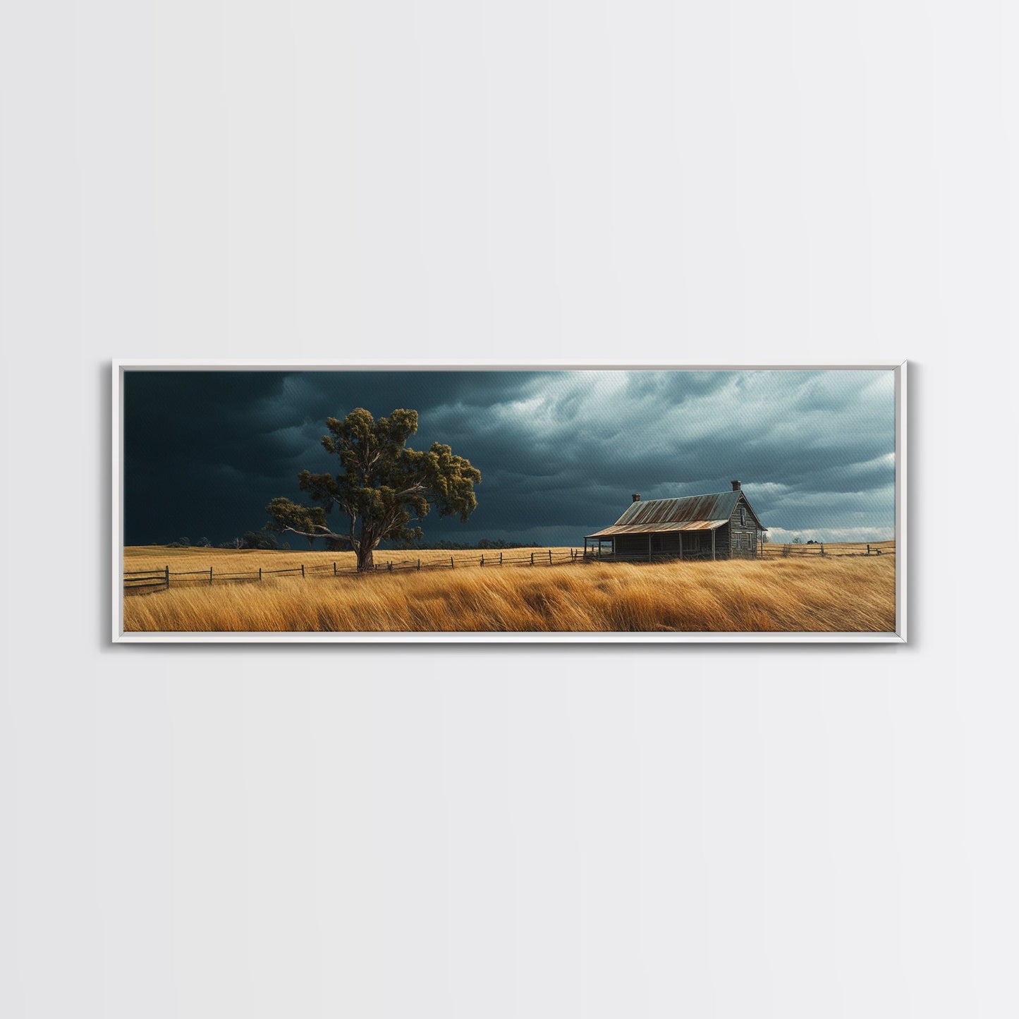 Stormy Farmhouse Canvas Print Rustic Landscape Painting Smoky Mountain Art Horizontal Panoramic Wall Living Room Autumn Decor