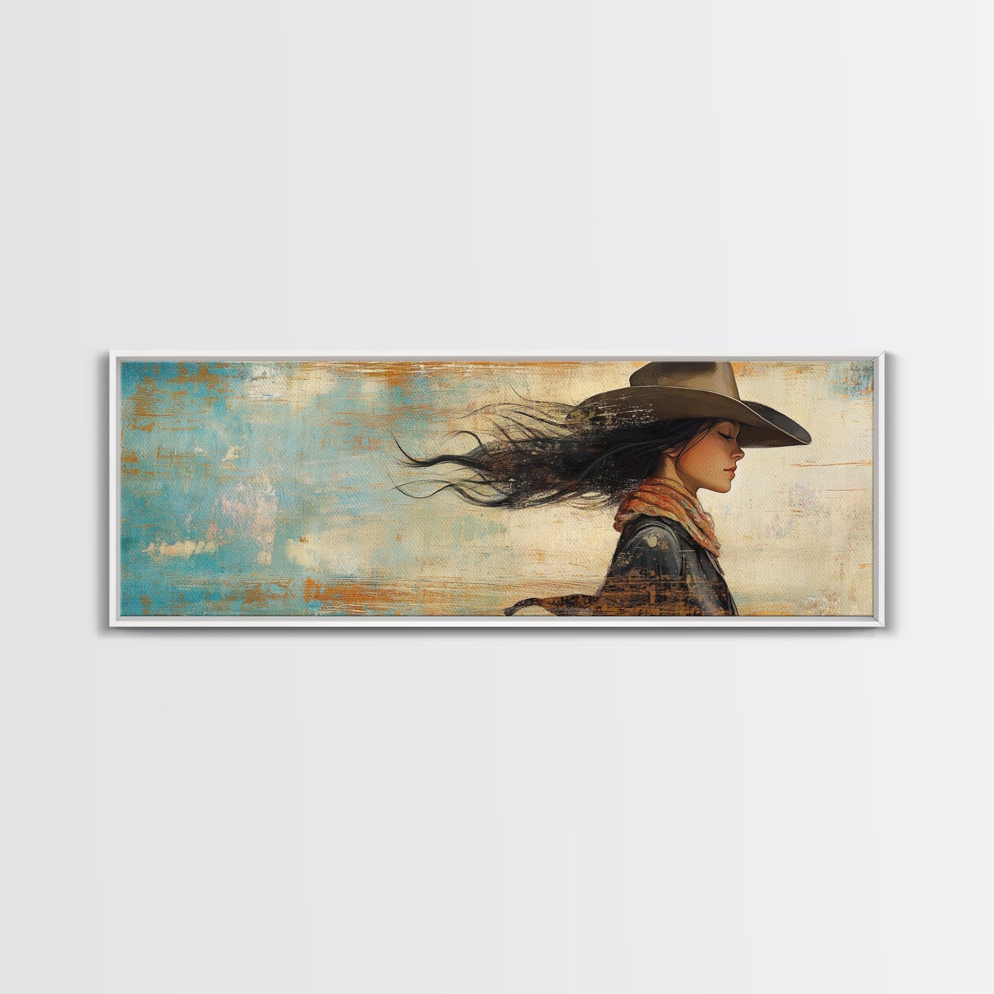 Cowgirl Canvas Print Southwest Wall Art Minimalist Boho Art Afrocentric Painting Extra Wide Horizontal Artwork Decor