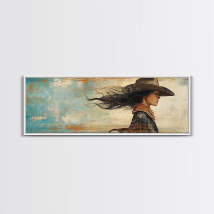 Cowgirl Canvas Print Southwest Wall Art Minimalist Boho Art Afrocentric Painting Extra Wide Horizontal Artwork Decor