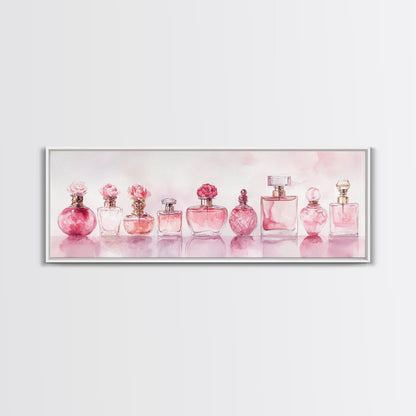 Framed Canvas Print Perfume Bottle Art Pink Abstract Art Feminine Decor Gift Idea Minimalist Living Room Wall Art Horizontal Painting