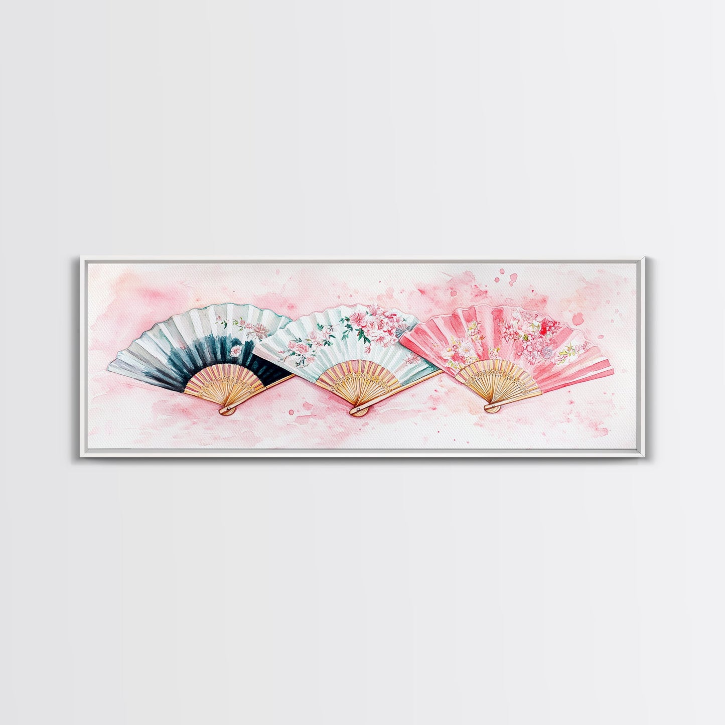 Floral Hand Fan Art Framed Canvas Print Chinoiserie Pink Wall Art Botanical Prints Horizontal Bedroom Living Room Décor Gift Idea