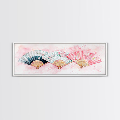 Floral Hand Fan Art Framed Canvas Print Chinoiserie Pink Wall Art Botanical Prints Horizontal Bedroom Living Room Décor Gift Idea