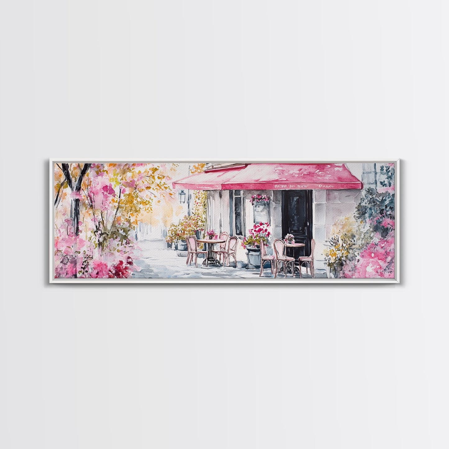 Parisian Cafe Cherry Blossom Painting Framed Canvas Print Extra Wide Art Horizontal Wall Art Rustic Above Sofa Decor