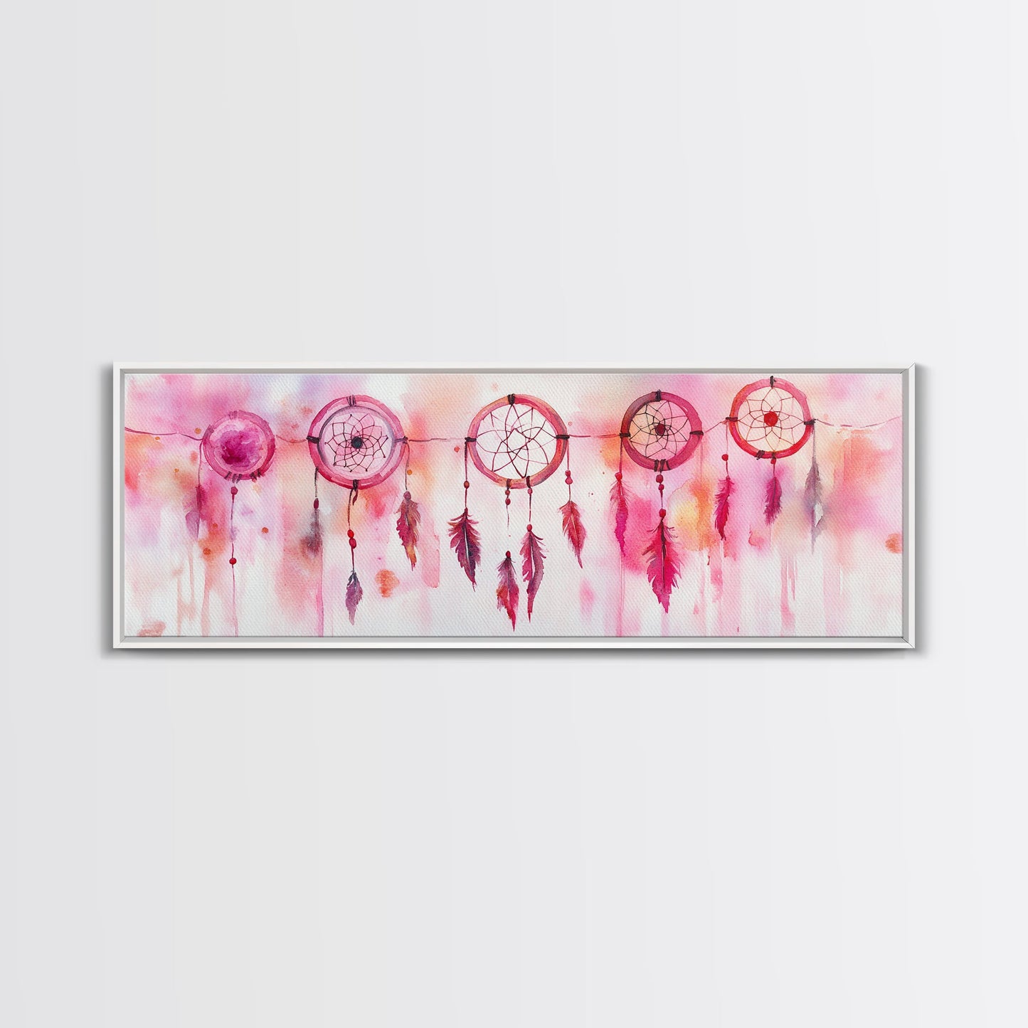Dreamcatcher Canvas Print, Pink Orange Wall Art with Whimsical Artistic Feathers, Boho Art Idea for Living Room or Above Couch