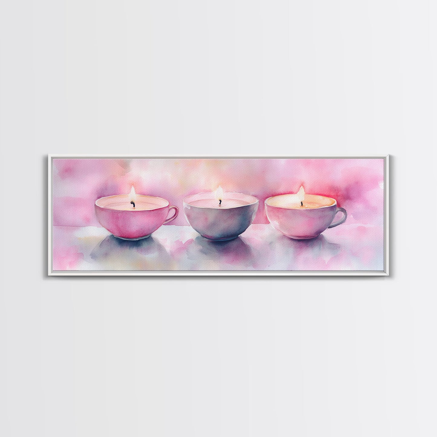 Candlelight Framed Canvas Print, Cozy Pastel Teacup Candles Art, Light Pink Wall Decor, Bedroom or Dining Room Whimsical Artwork