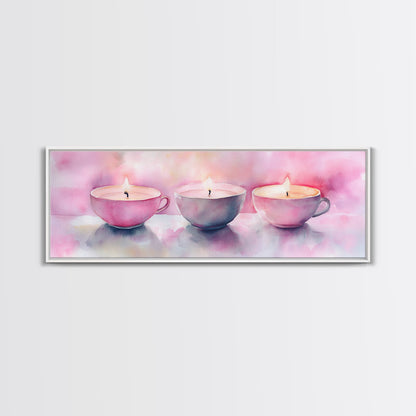Candlelight Framed Canvas Print, Cozy Pastel Teacup Candles Art, Light Pink Wall Decor, Bedroom or Dining Room Whimsical Artwork