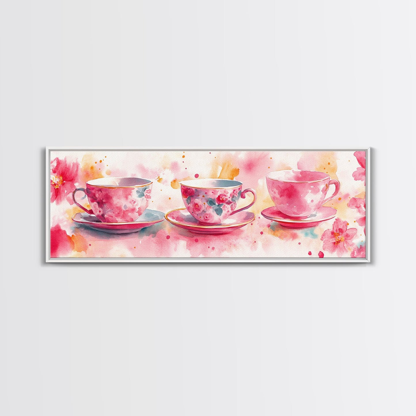Pink Teacup Canvas Print Feminine Whimsical Kitchen Art Horizontal Pink Artwork Vintage Rustic Wall Art Living Room Framed Art
