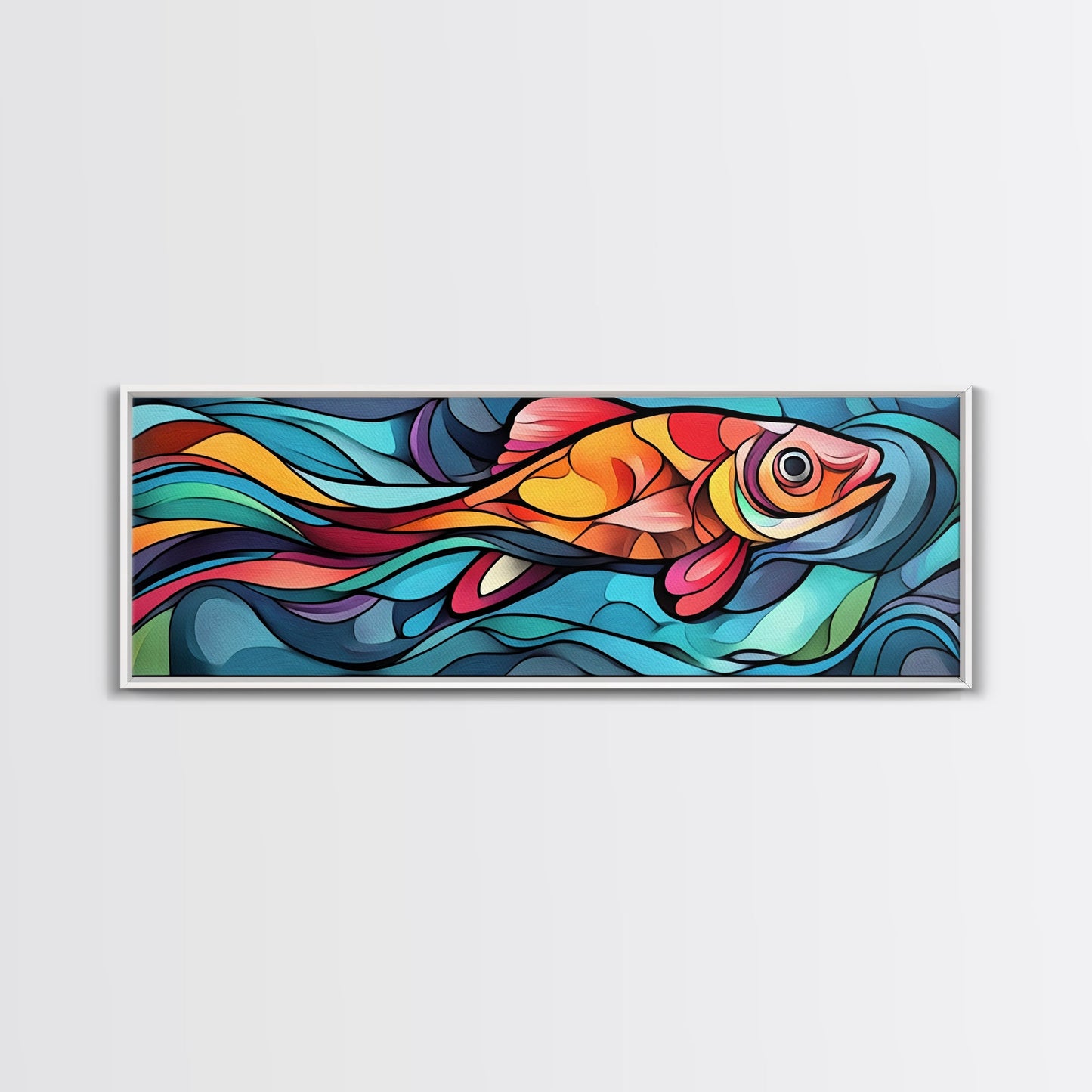 Abstract Goldfish Flow Framed Canvas Print, Whimsical Wall Art, Colorful Art, Teal Painting, Gift Idea, Skinny Wall Art, Bedroom Decor