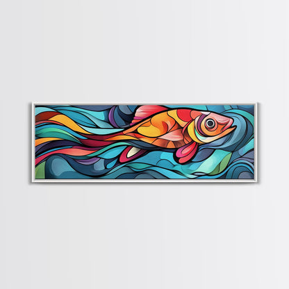 Abstract Goldfish Flow Framed Canvas Print, Whimsical Wall Art, Colorful Art, Teal Painting, Gift Idea, Skinny Wall Art, Bedroom Decor