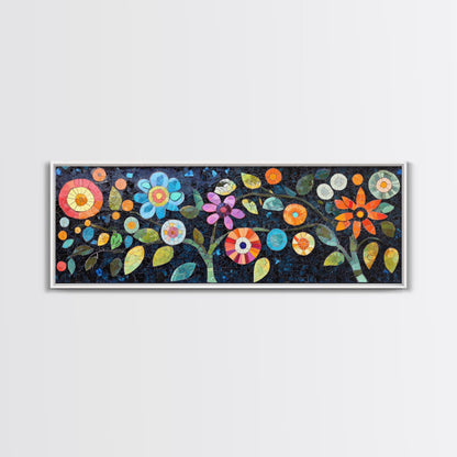 Mosaic Wall Art Wildflower Painting Framed Canvas Print, Botanical Print Horizontal Artwork, Whimsical Art Piece Above Sofa Decor
