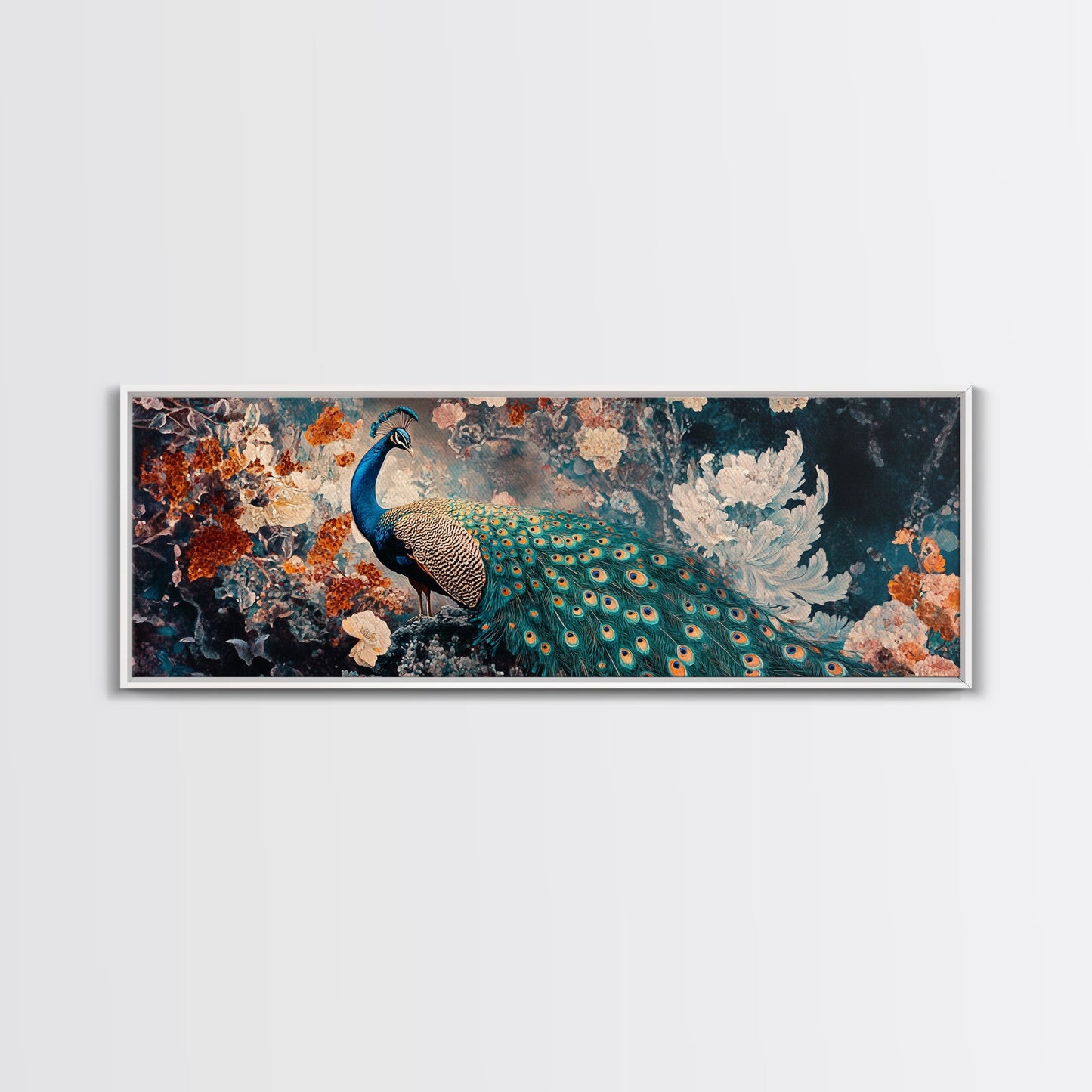 Vibrant Peacock Framed Canvas Print Mosaic Wall Art Boho Style Rustic Decor Above Sofa Art Living Room Statement Piece