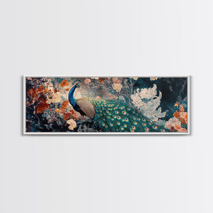 Vibrant Peacock Framed Canvas Print Mosaic Wall Art Boho Style Rustic Decor Above Sofa Art Living Room Statement Piece