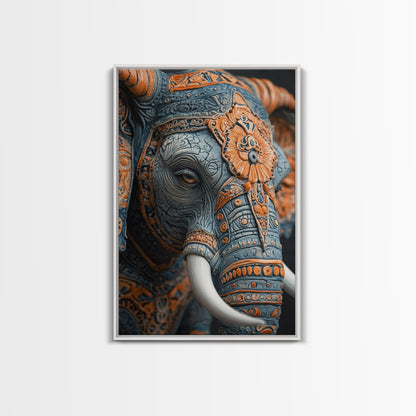 Detailed Elephant Face Framed Canvas Print – Kerala Mural Art, Sacred Geometry Decor, Ganesh Wall Art Rustic Boho Inspired Room Decor