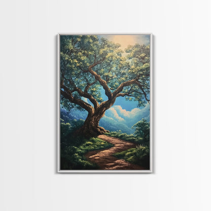 Majestic Oak Tree Framed Canvas Print – Oak Tree Art, Rustic Landscape Painting, Above Sofa Wall Art, Wabi Sabi Living Room Decor
