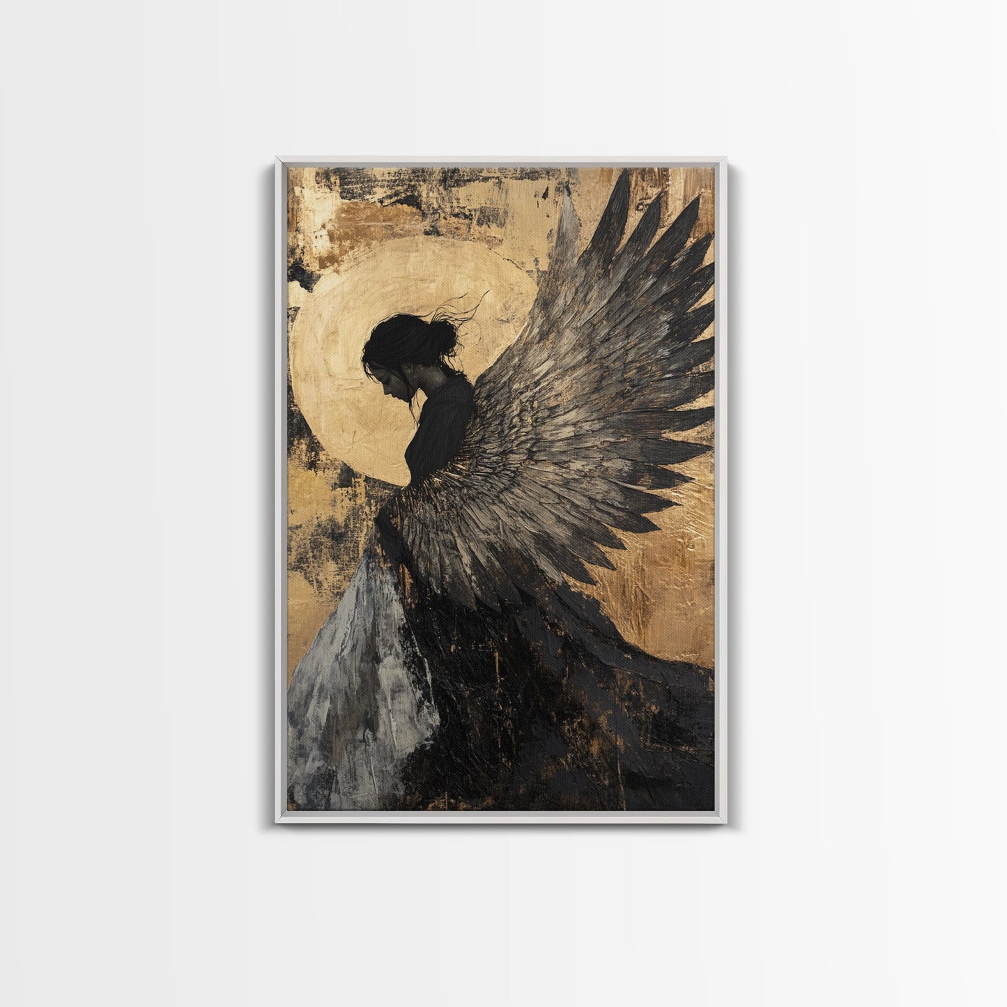 Golden Angel Wings Framed Canvas Print Dark Angel Wall Art Moody Gothic Artwork Gold Abstract Print Rustic Wall Decor Gift Idea