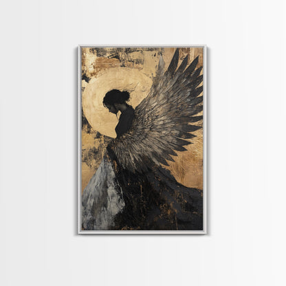 Golden Angel Wings Framed Canvas Print Dark Angel Wall Art Moody Gothic Artwork Gold Abstract Print Rustic Wall Decor Gift Idea
