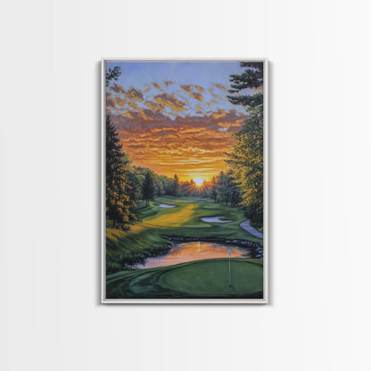 Scenic Golf Sunset Framed Canvas Print, Landscape Painting, Bedroom Wall Art, Rustic Decor, Horizontal Living Room Art