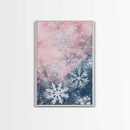 Snowflake Winter Light Pink Wall Art Framed Canvas Print | Wabi Sabi Minimalist Christmas Art | Cozy Holiday Living Room Decor