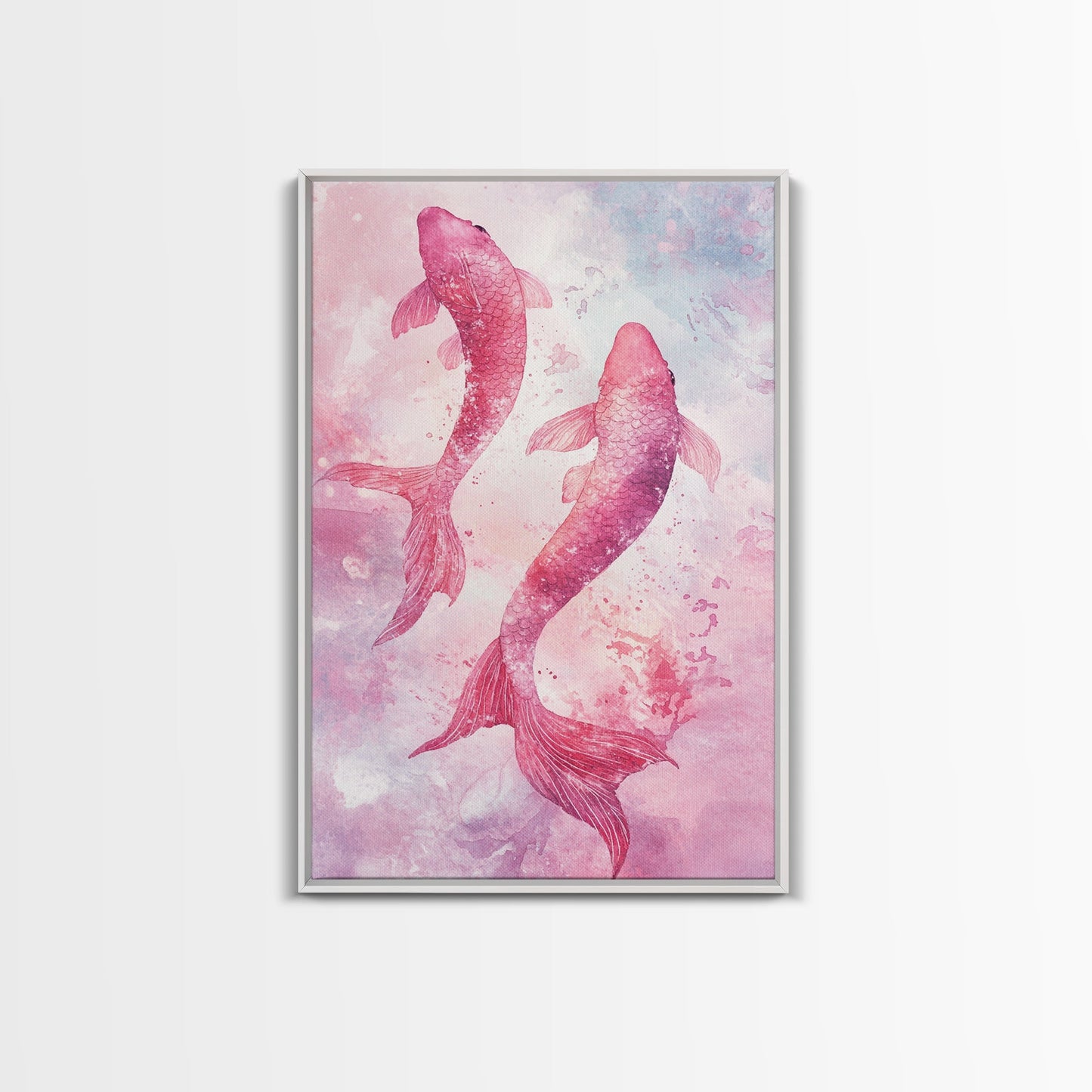 Watercolor koi fish painting in vibrant pink tones, perfect bedroom decor, framed canvas print, whimsical art above bed wall art