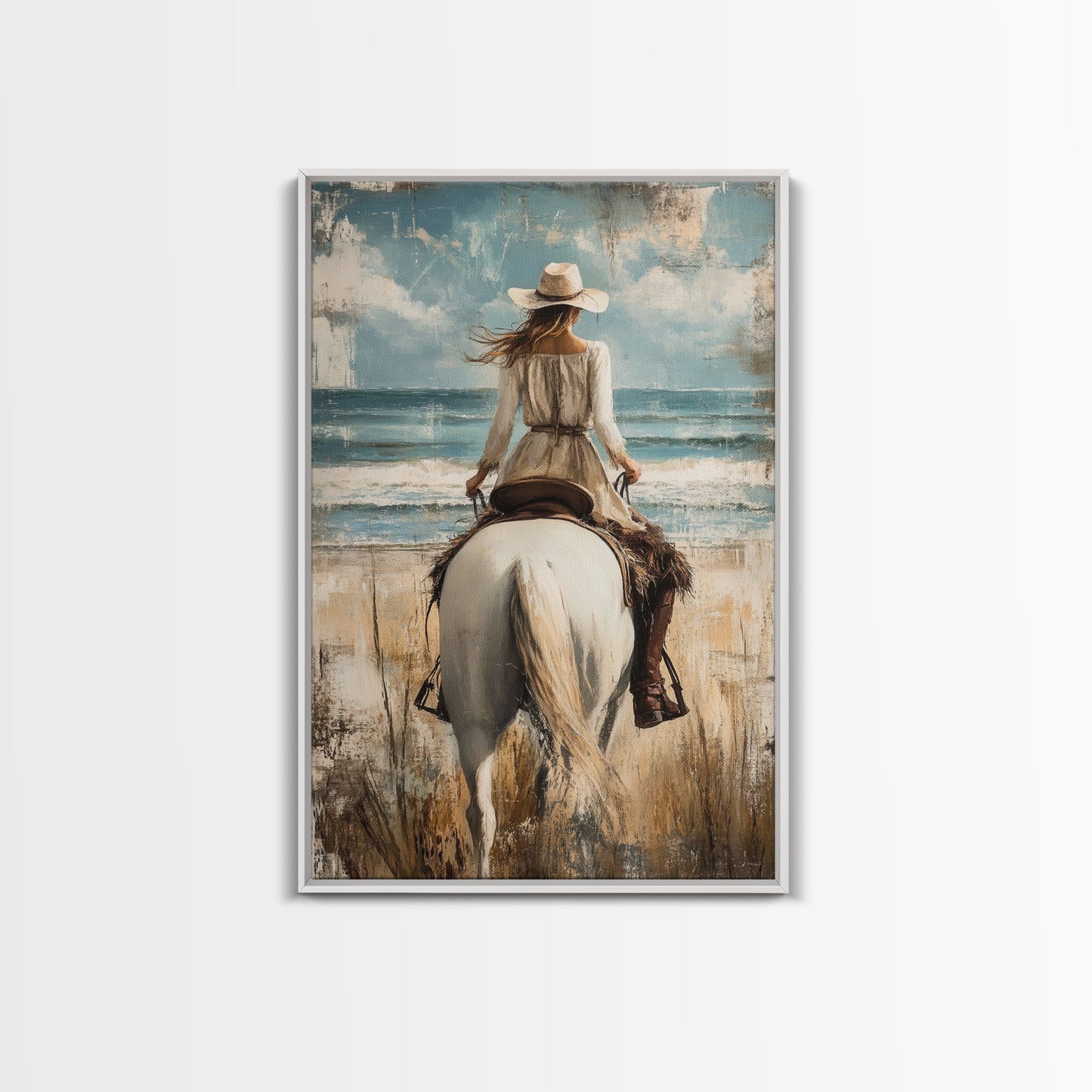 Rustic Horseback Beach Scene Canvas Print Coastal Cowgirl Wall Art Rustic Decor Western Art Nautical Decor Bedroom Living Room Accent