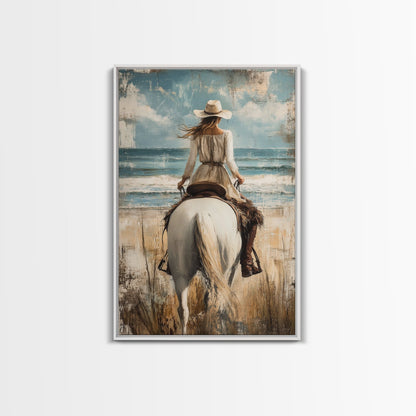 Rustic Horseback Beach Scene Canvas Print Coastal Cowgirl Wall Art Rustic Decor Western Art Nautical Decor Bedroom Living Room Accent